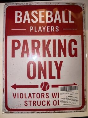 Baseball Players Parking Only Metal Sign - Red & White